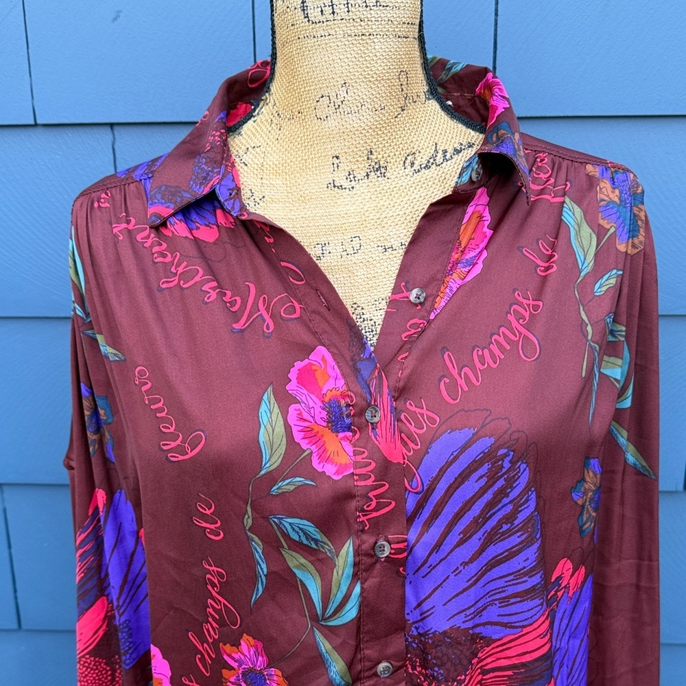 Free People Burgundy Floral Button-Down Shirt oversized - Picture 2 of 10